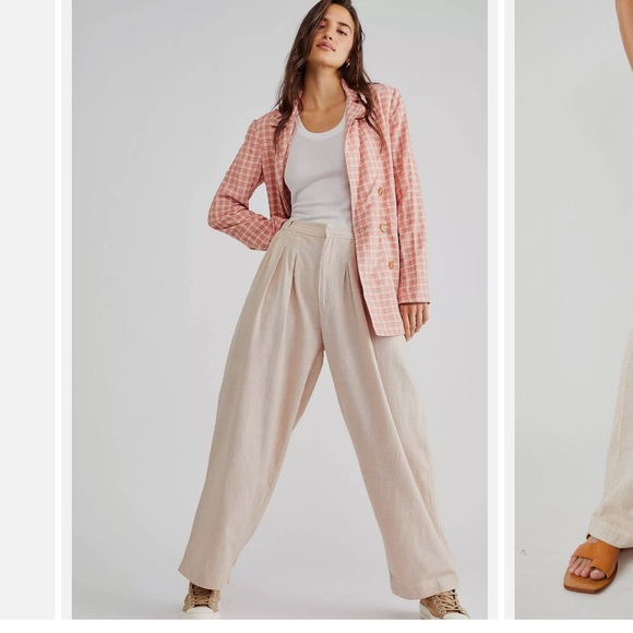 Free People Lotta Love Pleated Wide Leg Cotton Pants In Pebble. - Picture 1 of 12
